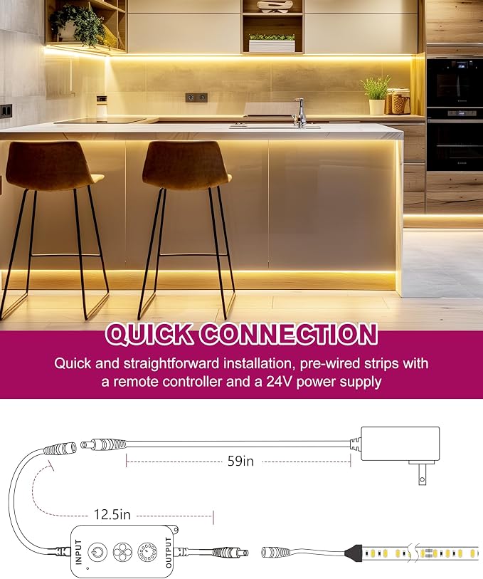 EMITEVER Warm White LED Strip Light Kit 3000K,16.4ft 600LEDs,24V Dimmable | CRI 95+,240+LM/ft.ETL 48W power supply & remote included, UL listed Strip for living room,kitchen,under cabinet & shelving