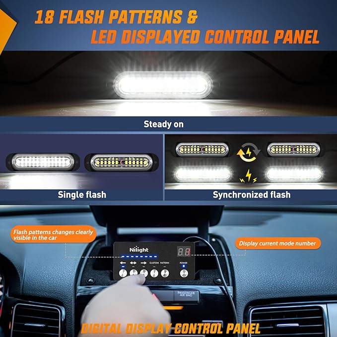 Nilight 8PCS Led Strobe Lights with Controller 12V 24V Sync Feature White Strobe Light 12 LED Surface Mount Emergency Hazard Warning Lights with Strobe Controller for Vehicle Car Truck RV ATV