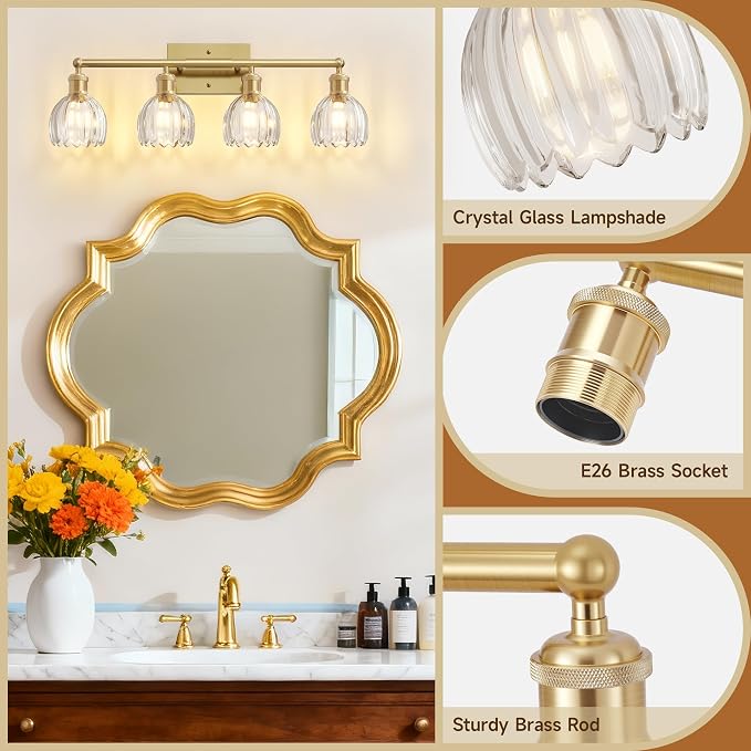 4 Light 27.2 in Bathroom Vanity Light,Rustic Brass Bathroom Lighting Fixtures Over Mirror, Vintage Vanity Mirror Lights Clear Tulip Glass Wall Sconce for Living Room,Bedroom,Hallway,E26 Base