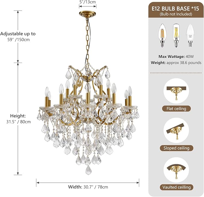 Brass Crystal Chandeliers for Dining Room 15 Lights Maria Theresa Chandeliers Modern Pendant Light Fixture Living Room Bedroom Entryway Kitchen 31.5" H x 30.7" D