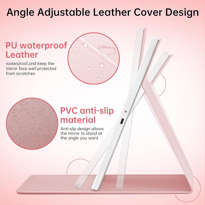 FUNTOUCH 2500mAh Large Rechargeable Travel Makeup Mirror with Lights (Pink) | Portable Makeup Mirror with 10X Magnifying Mirror 3 Lighting Modes, Tabletop Folding Travel Mirror with PU Leather Cover