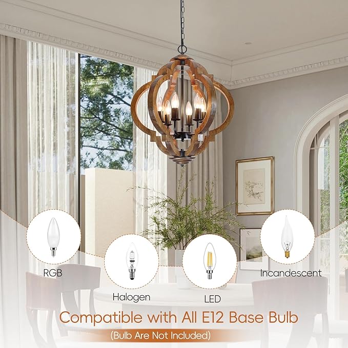 Farmhouse Rustic Wooden Chandelier, 6-Light Farmhouse Hanging Light Fixture with Black Metal & Brown Wood, for Dining Room, Kitchen, Living Room, Entryway, Foyer, Bedroom, Hallway