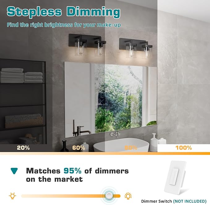 Bathroom Vanity Light, Square Design 2 Lights Morden Bathroom Lighting Fixtures Over Mirror, Black Light Fixtures for Living Room/Bedroom