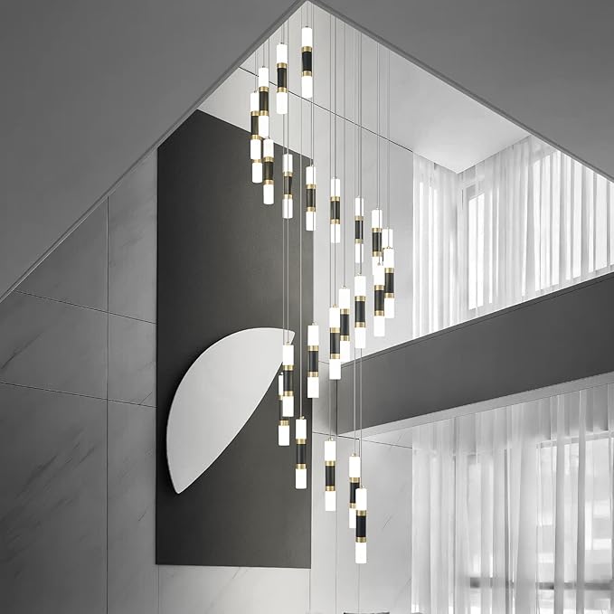 24-Light Modern Kitchen Island Dimmable LED Modern Black Gold Ceiling Pendant Light Living Room Bedroom Foyer LED 144W Stairs Large Chandelier