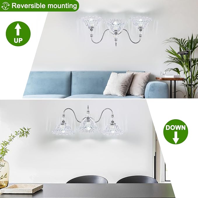 Chrome Bathroom Vanity Light Fixtures 3 Lights Vanity Lights for Bathroom with Floral Crystal Glass Shade Modern Wall Sconce Light for Mirror(Exclude E26 Bulb)