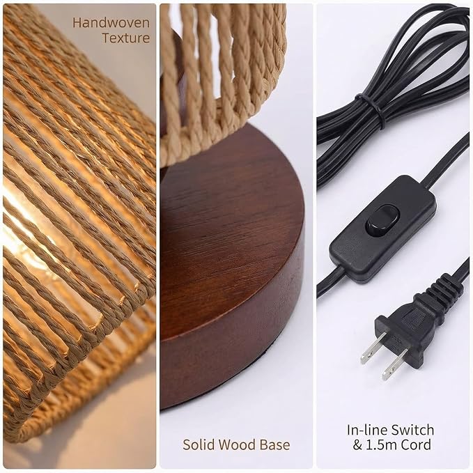 Small Rattan Table Lamp for Bedroom, Boho Bedside Lamp with Warm LED Bulb, Handwoven Wicker Nightstand Lamp for Nursery, Entryway & Dorm, Mini Ambient Night Light with Wood Base (8.6" Tall)