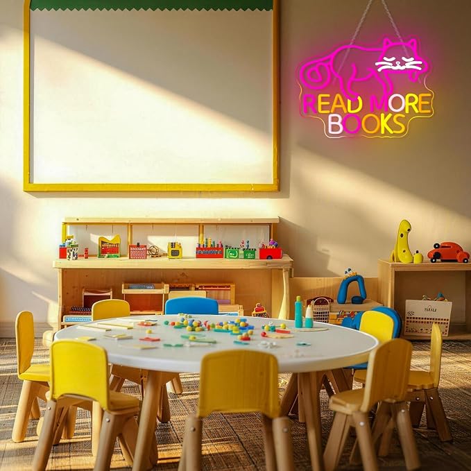 Cat Read More Books Neon Sign Led Light Dimmable LED Sign Bedroom Decor Neon Signs for Classroom Library Book Room Wall Decor Funny Gits for Children
