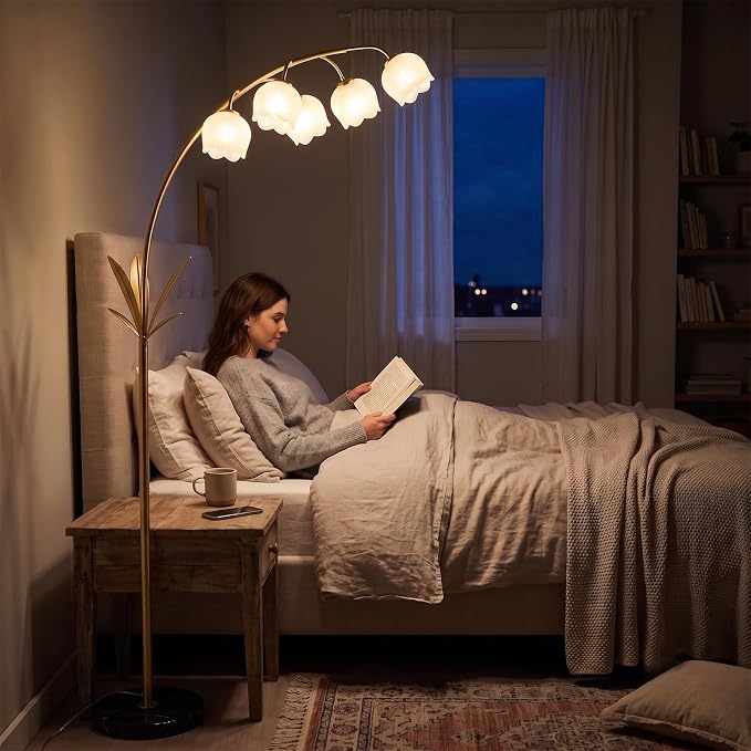 HMVPL Gold Floor Lamp for Living Room, Flower Floor Lamp with 5 G9 LED Bulbs, Foot Switch, Arc Tall Lamp with Acrylic Shade, Marble Base, Mid Century Standing Lamp for Living Room Corner Bedroom Home