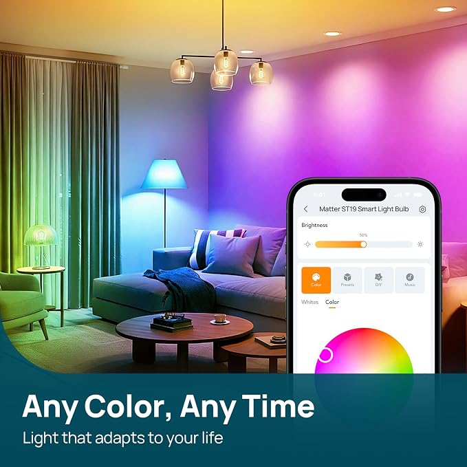 Linkind Matter Smart Edison Light Bulbs, ST19 (58) Vintage Bulbs, 1 Pack | RGB Color Changing, Work with Alexa/Apple Home/Google, 2700K-6500K Warm White to Daylight, E26 LED Filament, 2.4G WiFi, 850LM
