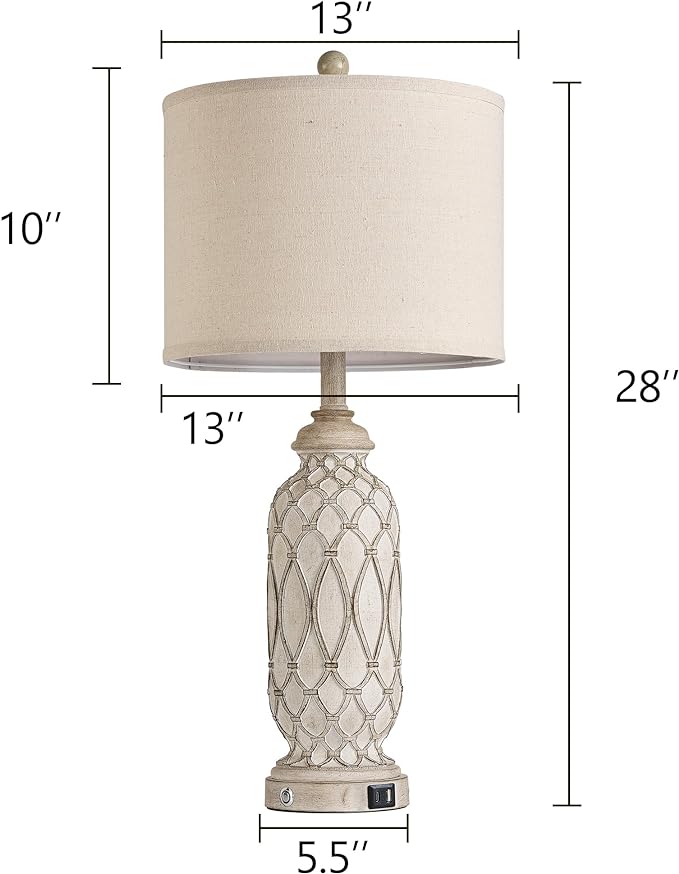 Farmhouse Table Lamps for Bedroom Set of 2, 28" Rustic Bedside Lamp with USB Ports, 3-Way Dimmable Nightstand Table Lamp for Living Room