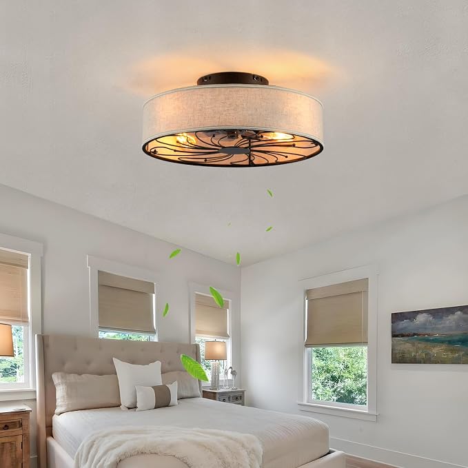 Boho Ceiling Fan with Jute Fabric Shades and Remote Control, Small Caged Bladeless Low Profile Ceiling Fan with Light, 20 Inch Modern Flush Mount Light Kit for Bedroom Kitchen Living Room