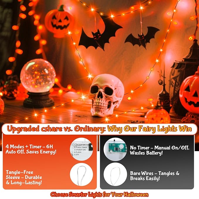 Orange Fairy Lights Battry Operated with Timer Waterproof, Halloween String Lights for Outside 16.4ft 50LED Indoor Outdoor Halloween Decorations Garland Party Patio Garden Yard Pathway 2 Packs
