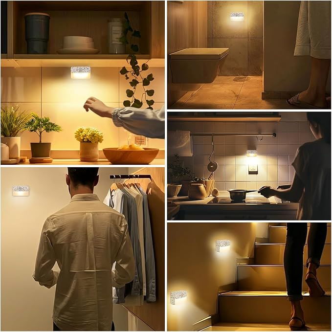 Guankai 16 Pack Motion Sensor Stair Light for Indoor, Battery Operated Closet Lights, Wireless Stick on Anywhere Hallway Lamp, Portable Led Night Lamps for Bedroom Under Cabinet Kitchen,Terrazzo White
