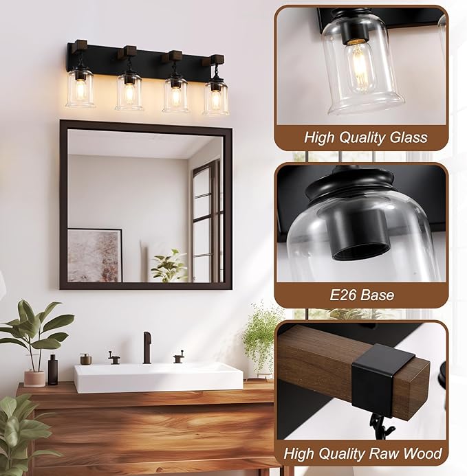 Farmhouse Bathroom Vanity Light, 4 Light Black Bathroom Vanity Light Fixtures Over Mirror, Rustic Wall Lighting with Clear Glass Shades for Living Room, Bedroom, Hallway