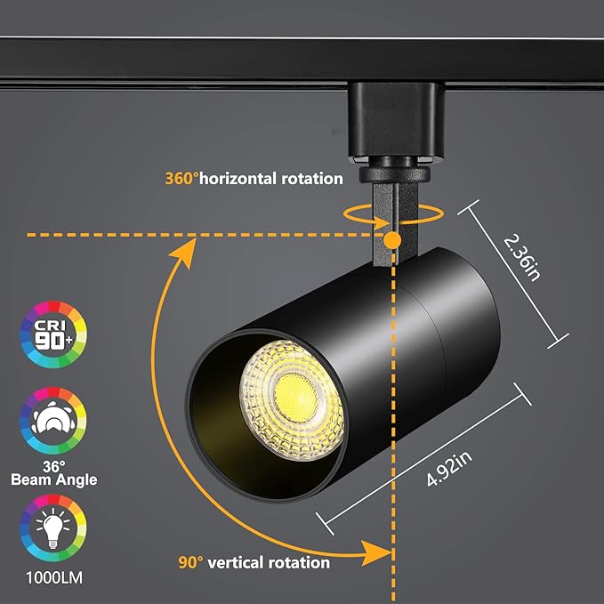 VANoopee 3-Color 10W H Track Lighting Heads Dimmable LED Track Light Heads Bright Rail Ceiling Spotlight Fixtures Accent Task, 3000K 4000K 5000K, Flicker Free CRI90+ 36° 1000lm, Matte Black, Pack of 4