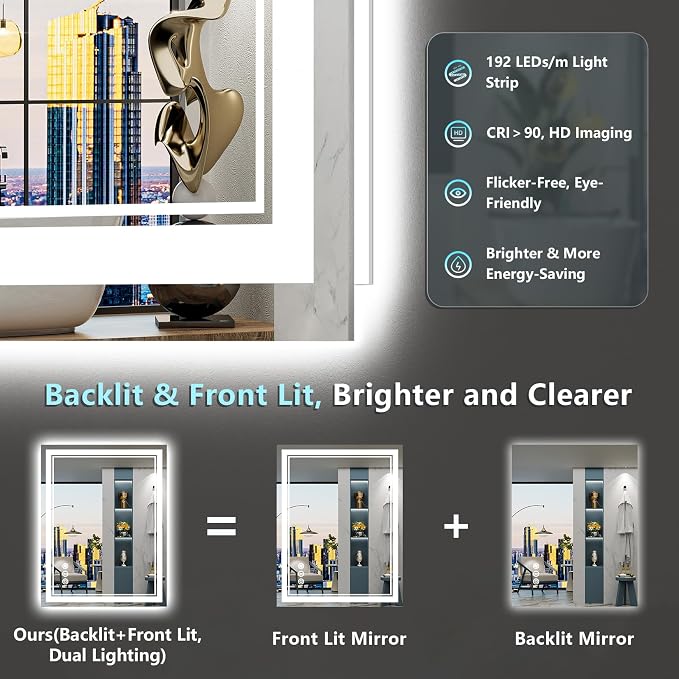 24x36 LED Bathroom Mirror, Backlit & Front Lit Lighted Mirror | Anti-Fog Vanity Mirror with Lights, 3 Color Dimmable, Memory, HD Tempered Glass, CRI95, IP54, UL Listed, Horizontal/Vertical