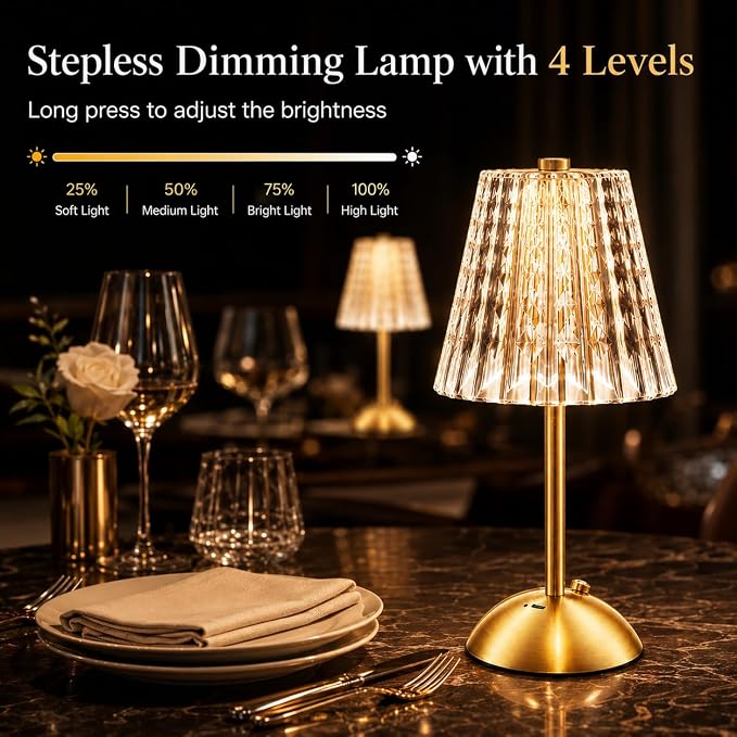 Cordless Gold Table Lamp Rechargeable Touch Desk Lamp with 3 Color Temps | Small Dimmable Table Lamp With Crystal - Battery Operated Nightstand Lamp for Bedroom/Dining Table/Restaurant/Kitchen/Bar