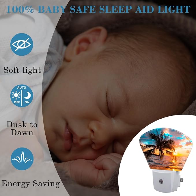 Beautiful Sunset Plug in Night Lights, Palm Tree Nightlight Plug Into Wall Dusk to Dawn Sensor for Kid Girls Boys Women Men Room, Hallway, Kitchen, Bathroom, Stairs Decor