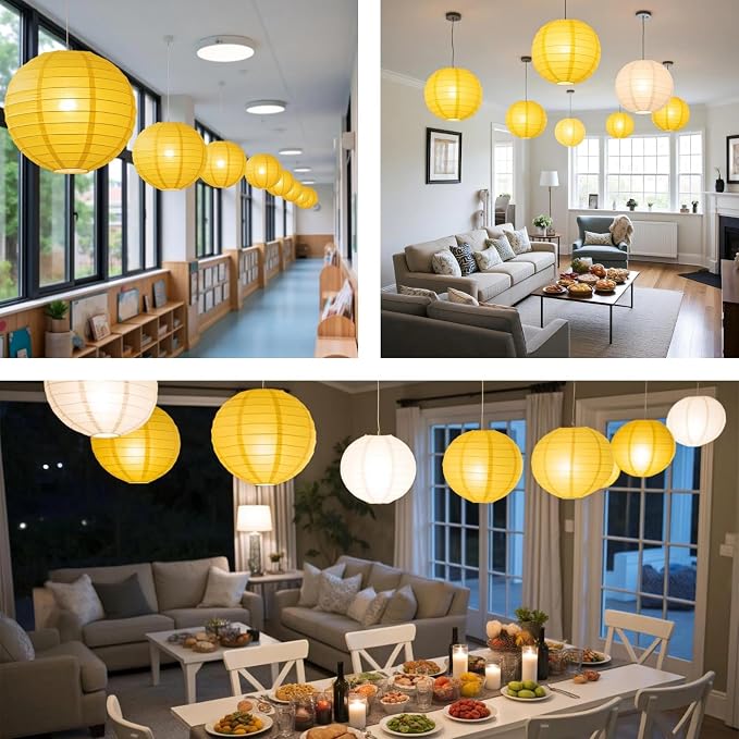 Yellow Chinese Paper Lanterns with LED Lights, 10-Pack 12inch