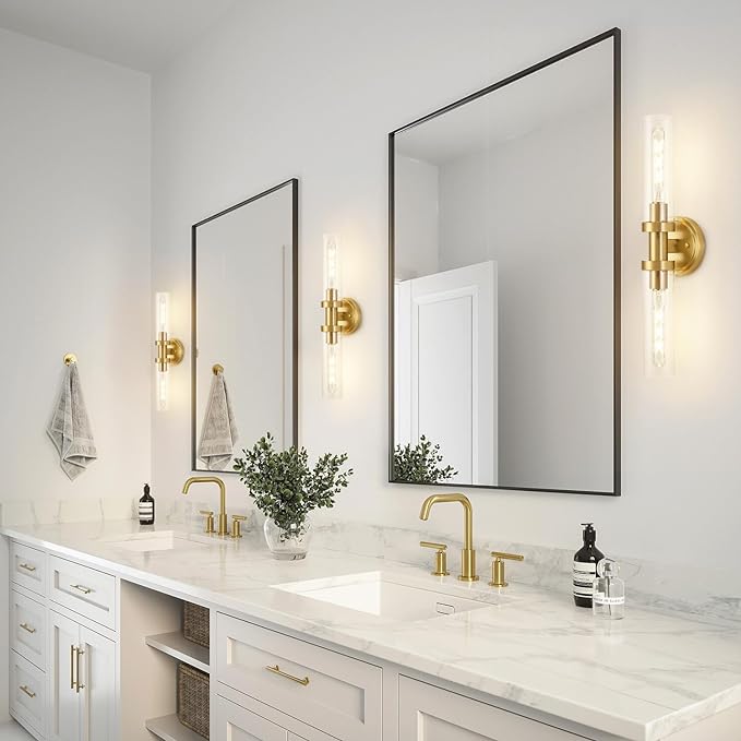 Hardwired Wall Sconces Set of 2, Brushed Gold Bathroom Wall Sconces Vanity Light Fixture with Clear Glass, Modern Farmhouse Wall Lights for Bathroom Mirror Living Room Hallway Kitchen