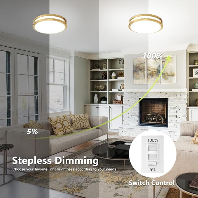 Flush Mount Ceiling Light - 2 Pack 36W 3000K/3500K/4000K/5000K/6000K Dimmable Led Ceiling Light Fixture for Kitchen Hallway Bedroom Bathroom (2, Brushed Gold, 12 Inch)