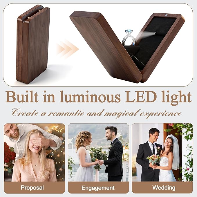 Wooden Engagement Ring Box For Proposal Valentine's Day Jewelry Gift Box Wood Rotating Wedding Day Ring Box With Led Light Gift Packaging(Black Walnut)