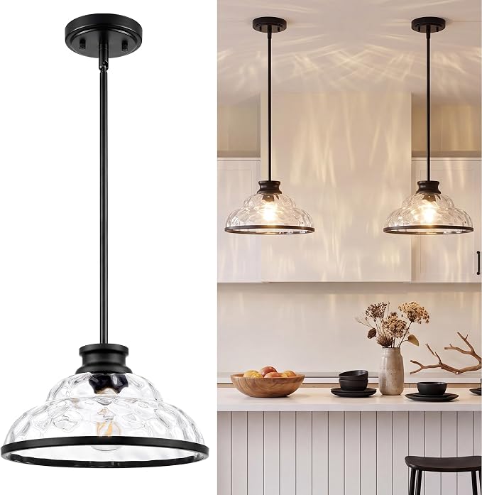 kudos 11 Inch Black Pendant Lights with Clear Hammered Glass, KDPL14-BK-H | E26 Bulb Base, Hardwired, Farmhouse Styling, Adjustable Hanging Rods for Flat or Sloped Ceilings, for Kitchen Bars