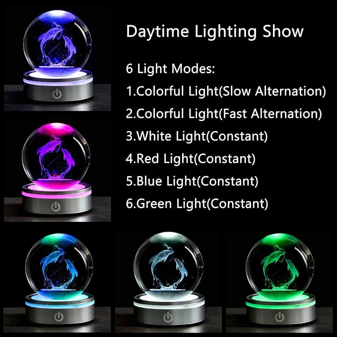80mm 3D Laser Engraved Dolphin Crystal Ball, Romantic Dolphin & Heart LED Night Light, Sea Animal Figurines Decor Glass Sphere Lamp Gifts for Women Kids Mom