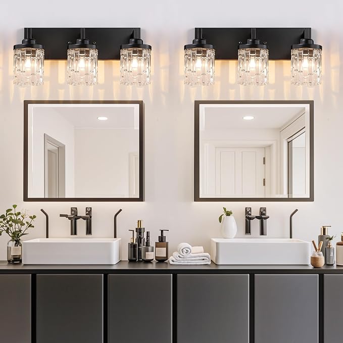 maesta Black Bathroom Light Fixture,3 Light Modern Vanity Light Over Mirror | Modern Vanity Light, Black Metal & Crystal Glass Fixture, Anti-Rust, Easy to Install for Bathroom Hallway Bedroom Entryway