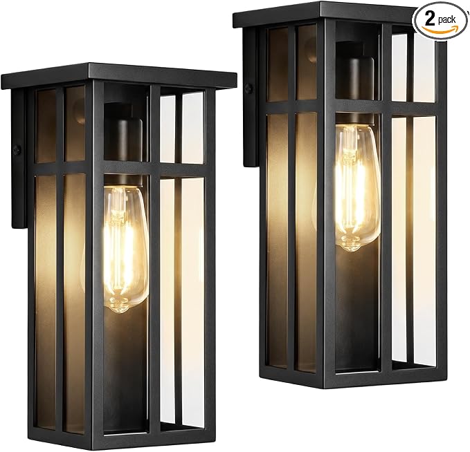 Outdoor Wall Light Fixtures, Modern Black Porch Wall Lanterns | Waterproof Construction & Durable Metal, Rust-Resistant, Quick & Easy Installation, Clear Glass Shades & Standard E26 Socket