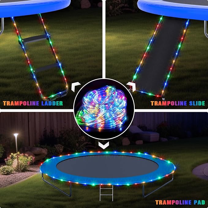 JMEXSUSS Trampoline Accessories 200 LED Trampoline Lights, 66ft IP 65 Waterproof Solar Camping Lights Outdoor, 8 Modes Solar Rope Light for Ladder Slide Tent Camp(Multicolor)