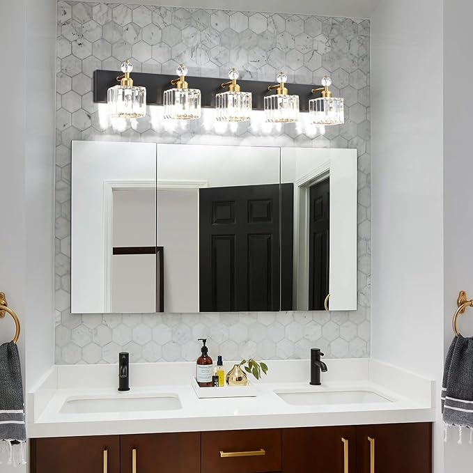 PRESDE Crystal 5 Light Bathroom Vanity Lights Modern Black and Gold Bathroom Lights Fixtures Over Mirror Modern Bath Wall Lighting