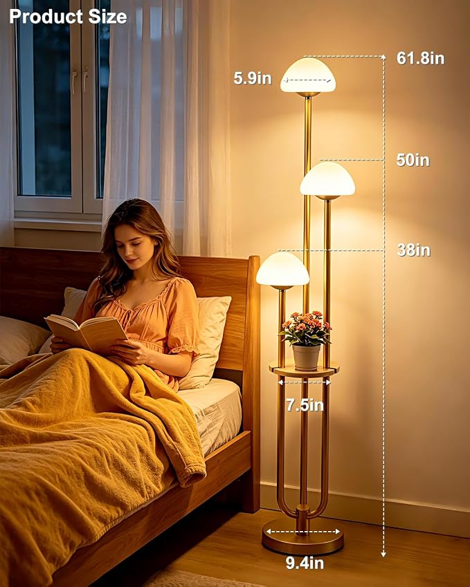 Gold Dimmable Floor Lamp with Table Modern Floor Lamps with 5Lbs Heavy Base for Living Room 3000K Tall Standing Lamp with Mushroom Shades & Bulbs Included for Bedroom/Office//Sofa Beside/Corner Decor