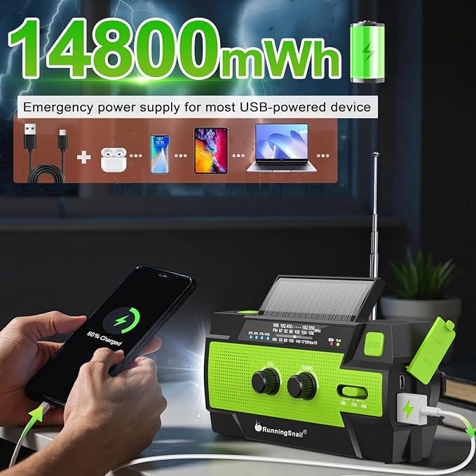 RunningSnail Emergency Crank Radio with 1W 3 Mode Flashlight & Reading Lamp | AM FM NOAA Weather Radio,Solar Power,Hand Crank,4000mAh Phone Charger,SOS for Home and Emergencies