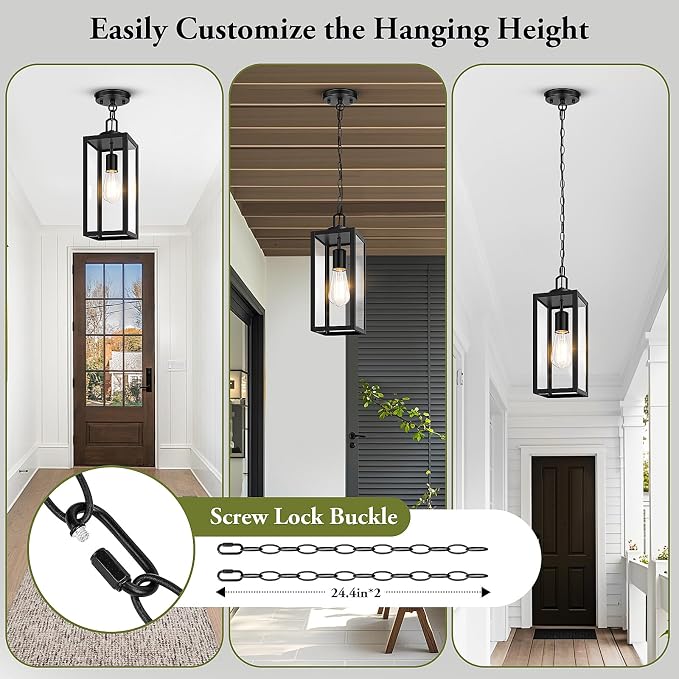 15” Large Outdoor Pendant Light, Modern Hanging Lantern, Black | Hanging Height Adjustable, Waterproof, Rust-Resistant, Durable Metal & Clear Glass, Standard E26 Sockets, Easy to Install