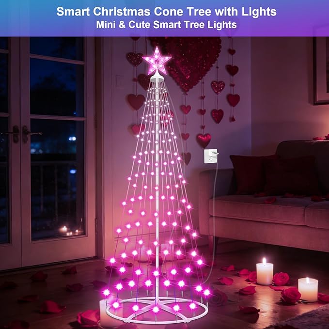 Forlivese 5FT Smart LED Cone Tree Light, USB Powered Valentine's Day Lights with App & Remote, DIY, Color Changing, Music Sync, Waterproof Outdoor Lighted Tree for Yard Porch Valentine Day Decoration