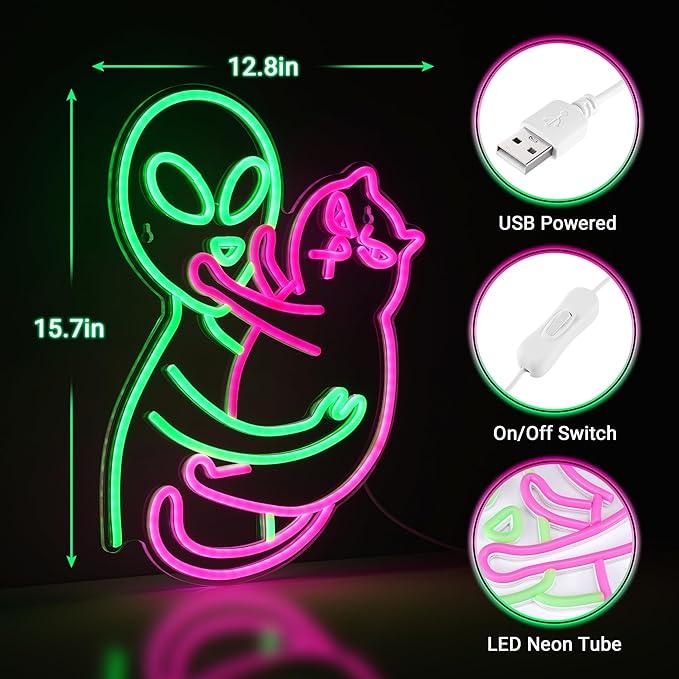 Kavaas Alien Cat Neon Sign, Green Alien Petting Cat LED Light for Game Room, Party, Bar, Man Cave Decor | Alien Neon Light Wall decor - Best Gifts for Alien Fans, Teenage Boys, Kids