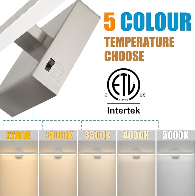 Nickel Bathroom Vanity Light Fixture 23.6'' 20W Dimmable 5CCT LED Hardwired | Bathroom Light Fixture Over Mirror, Bathroom Wall Sconce, Rust-resistant, ETL Certificated, 2700K/3000K/3500K/4000K/5000K