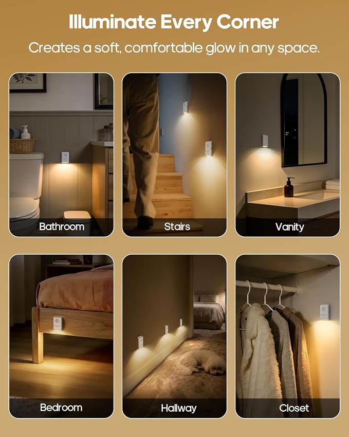 GOODEA 2-Pack Magnetic Motion Sensor Night Light with Rechargeable Battery | Portable Mini 3000K Warm White LED Nightlight, Dimmable Light for Stair, Bathroom, Hallway, Toilet, Bedroom, Cruise