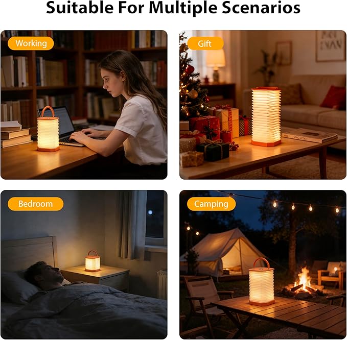 Portable Paper Lamp,White Accordion Desk Lamp,Japanese Lanterns lamp for Home Decoration and Gift,Dimmable Bedside Lamp,1200mAh USB Powered Night Light for Bedroom,Office,Reading （Orange