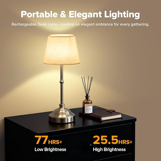 2 Pack Cordless Table Lamp, Rechargeable Desk Lamp with Fabric Shade, Battery Operated Lamp 3 Color Stepless Dimming, Small Touch Bedside Lamp Home Decor for Dining, Counter (Brushed Sliver)