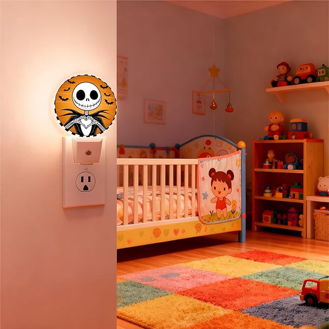 Mugod Funny Halloween Skeleton Plug-in Nightlights Bats Night Light Plug into Wall with Dusk-to-Dawn Sensor LED Lighting 0.5W Sleep-Friendly