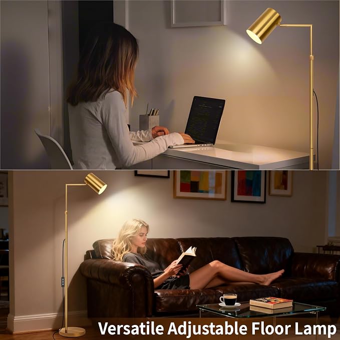 Ldeco Tree Floor Lamp for Living Room,Modern Gold Standing Tall Pole Lamps for Bedroom Office,Vintage 9W LED Bulb Included,Stepless Dimmable&Height Adjustable Arc Floor Lamp with Timer(Gold-DM)