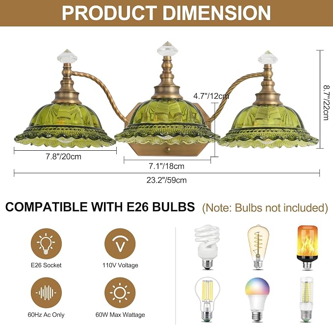 Vintage Bathroom Light Fixtures, 3 Light Brass Vanity Lights with Green Crystal Glass Flower Shade, Retro Wall Sconce for Bedroom, Living Room, Hallway