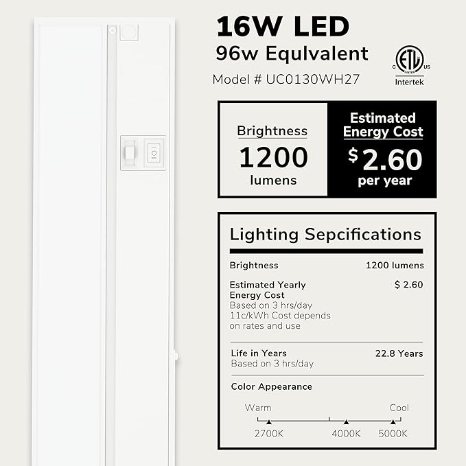 LAGOM Halo Under Cabinet Light, 30‑Inch Hardwired Dimmable LED, 2700K/4000K/5000K, Power Cord Sold Separately, White, UC0130WH27