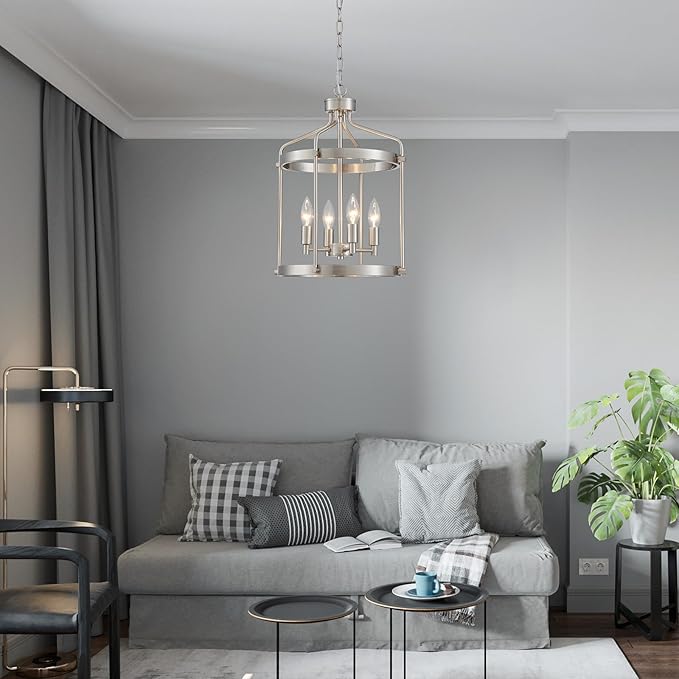 Modern Chrome Chandelier, 4-Light Farmhouse Chandeliers for Dining Room Light Fixture Over Table Adjustable Height Hanging Industrial Pendant Light for Hallway Entryway Living Room Kitchen Bedroom
