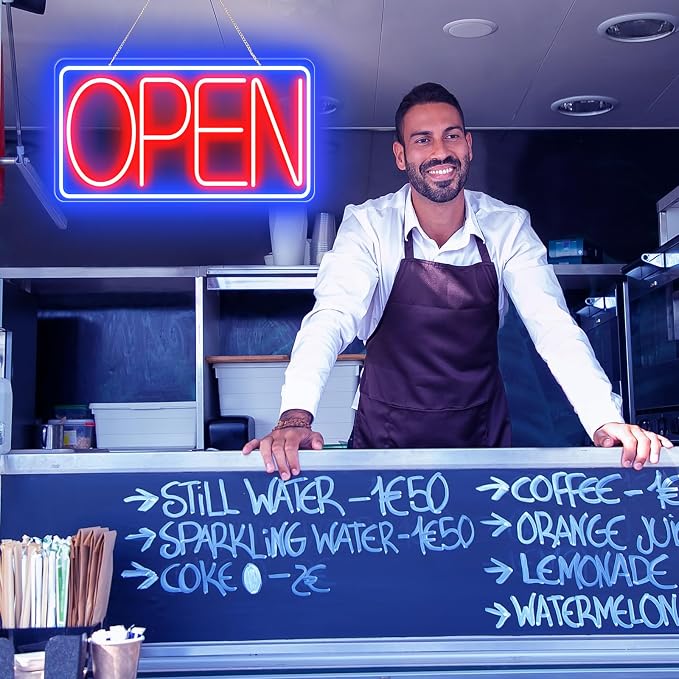 16.5" X 9" Led Neon Open Signs for Business - 12V/2A Ultra Bright Led Neon Sign with ON/OFF Switch - Plug In Electric Light Up Sign for Bar, Salon, Coffee Stores, Club, Hotel (Horizontal)
