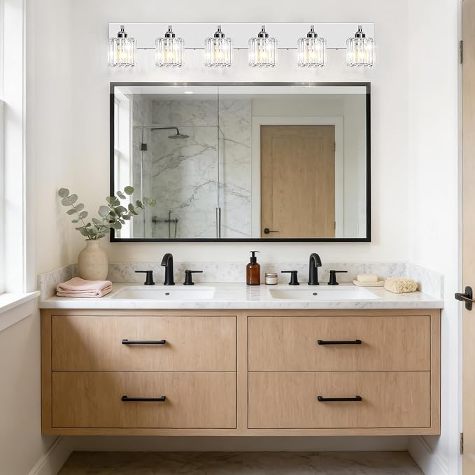 Brushed Chrome Crystal Bathroom Vanity Light, 6-Light Modern Bathroom Lighting Fixtures Over Mirror,Chrome Wall Sconce Light Fixtures with Square Shade