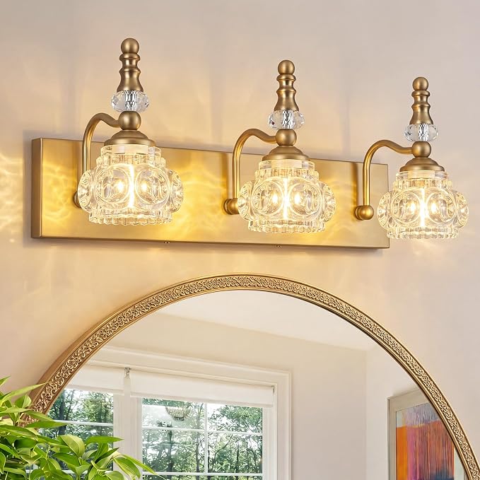 Modern Glass Crystal Vanity Light - Vintage Bathroom Lighting Fixtures Over Mirror, 3 Light Vanity Lights G9 Bulb (19.68 Inch,Brass)