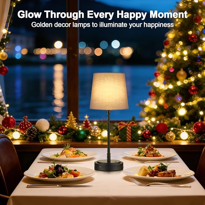 Cordless Table Lamps Set of 2 – Battery Operated Lamp with 7500mAh Rechargeable Battery, Stepless Dimmable Black Lamps with Grey Shade, Wireless Lamps for Dining Room & Nightstand (Bulbs Included)